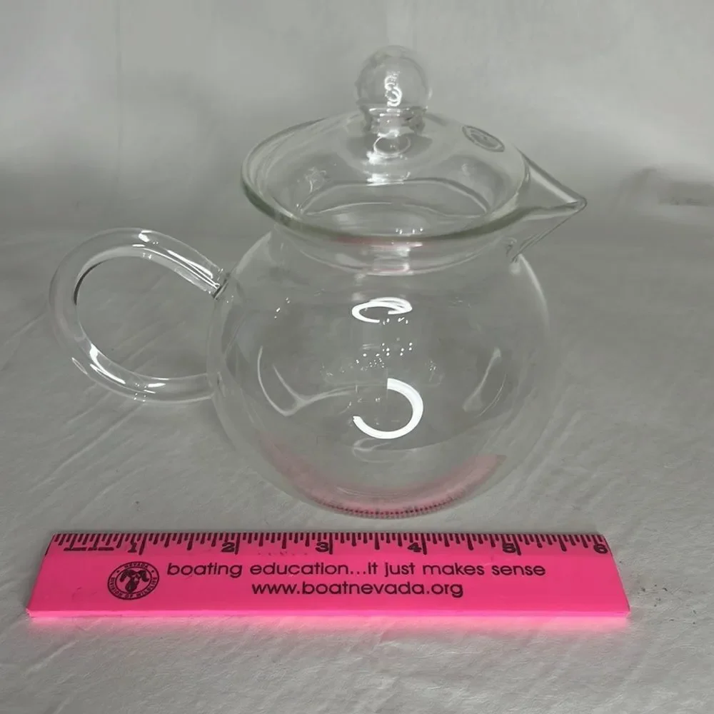 Tea Pot Clear Glass 16 Ounces Strainer Spout Lid Handle 5 Inches Tall X 6 Inches